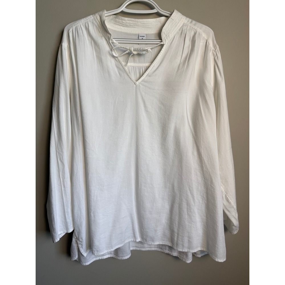 Old Navy White Cotton Viscose Tie Neck Peasant Blouse XL Boho‎ Oversized Beach